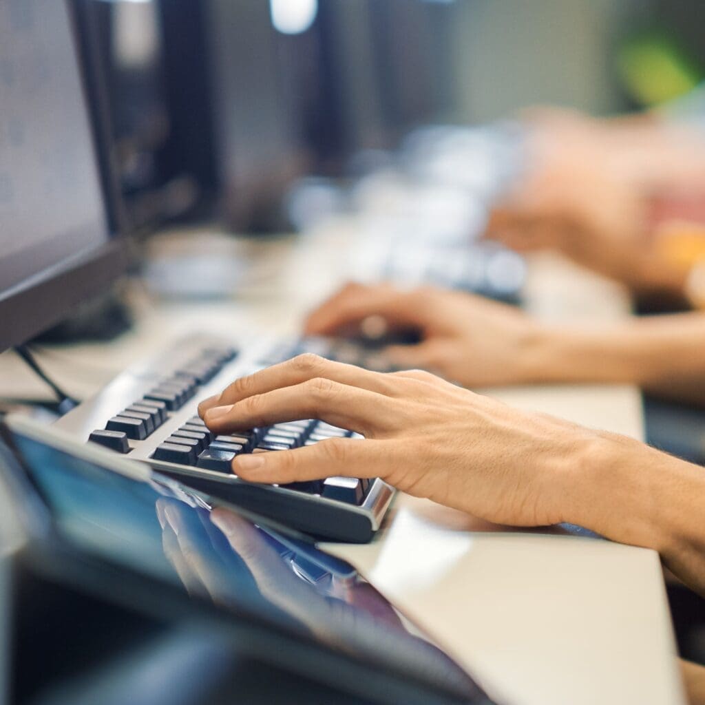 Office Team of Technical Support Staff Members Work on Computers, Help People Find Solutions.