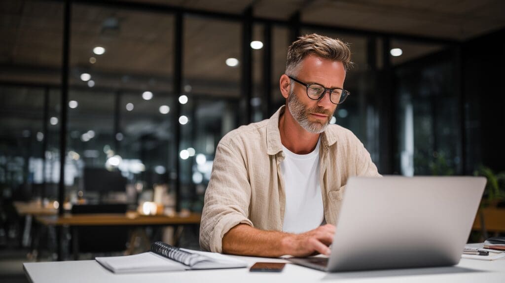 Man working late on a laptop.