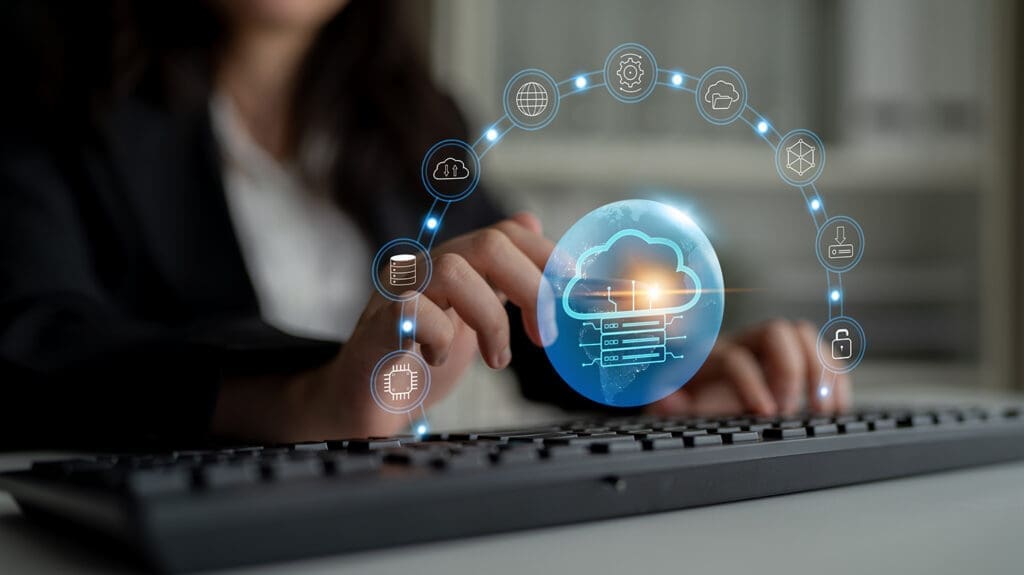 Business professional using secure cloud technology.