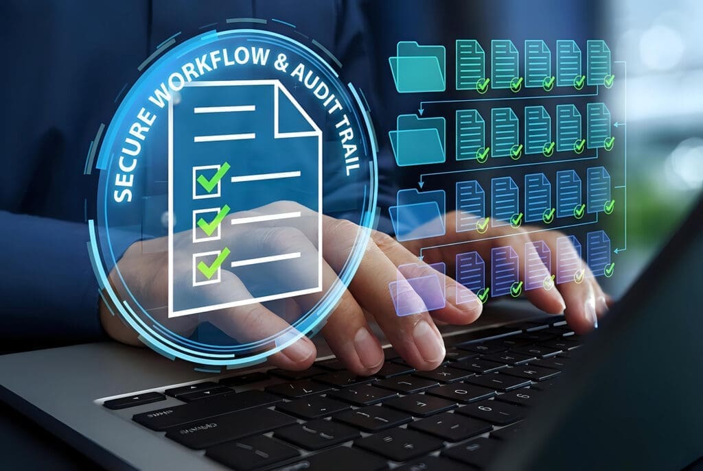 Laptop with secure workflow, audit trail, and management system.