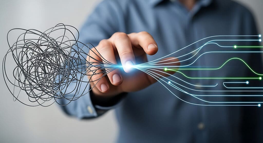 A hand transforms a chaotic tangle into organized lines