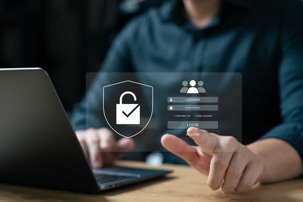 businessman using laptop Internet network security system