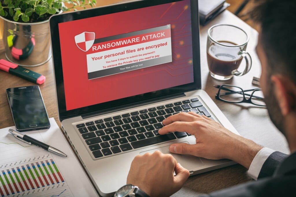 Ransomware alert message on a laptop