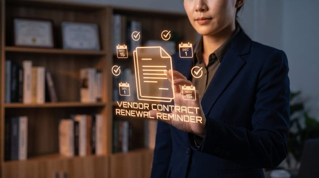Woman examining holographic vendor contract renewal reminder in office setting