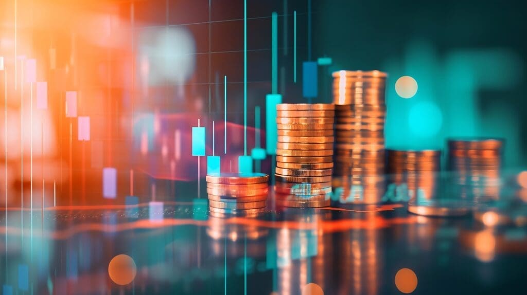 Double exposure image of coin stacks on technology financial graph